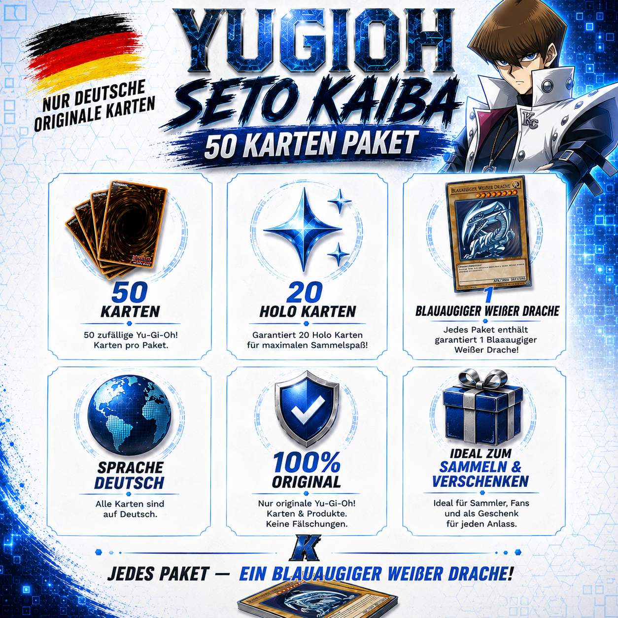 Yu-Gi-Oh! SETO KAIBA 50 KARTENPAKET - INKL 20 HOLOS + 1 BLAUÄUGIGER WEIßER DRACHE!