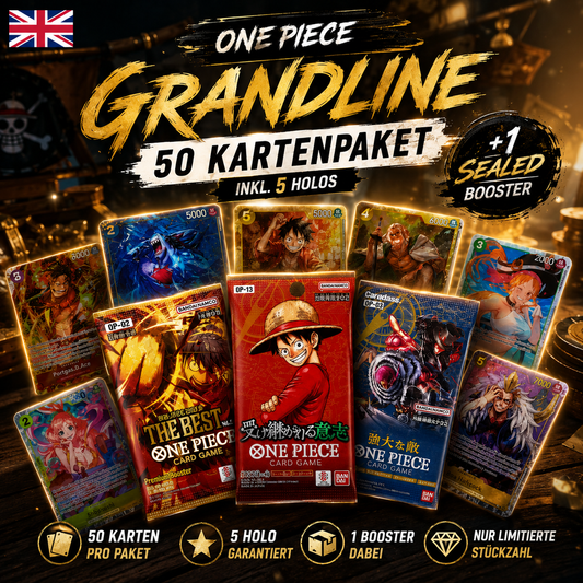 One Piece 50 KARTEN GRANDLINE PAKET INKL 5 HOLOS - ENGLISCH + 1 SEALED BOOSTER