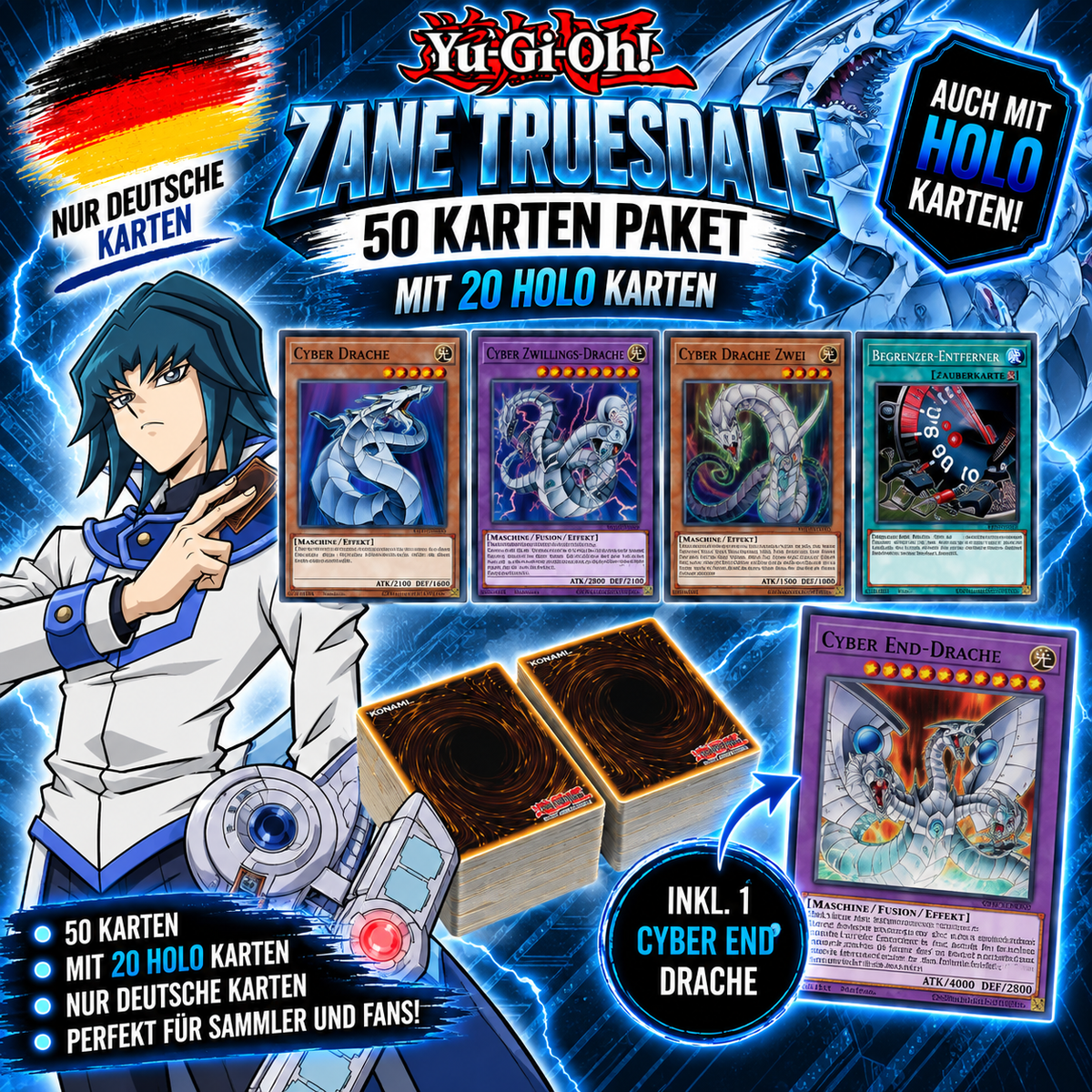 Yu-Gi-Oh! ZANE TRUESDALE 50 KARTENPAKET - INKL 20 HOLOS + CYBER END DRACHE!