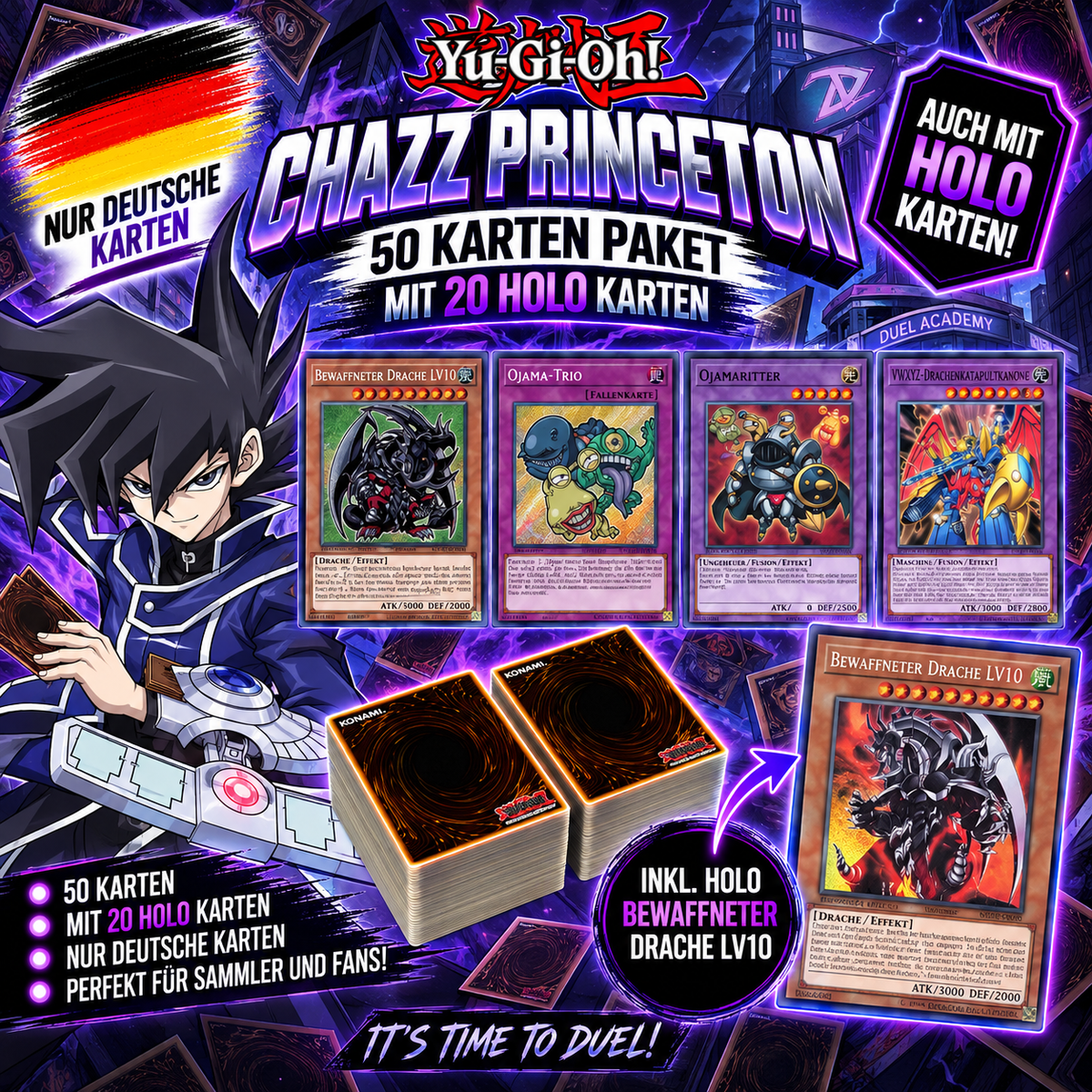 Yu-Gi-Oh! CHAZZ PRINCETON 50 KARTENPAKET - INKL 20 HOLOS + BEWAFFNETER DRACHE LVL 10 HOLO!