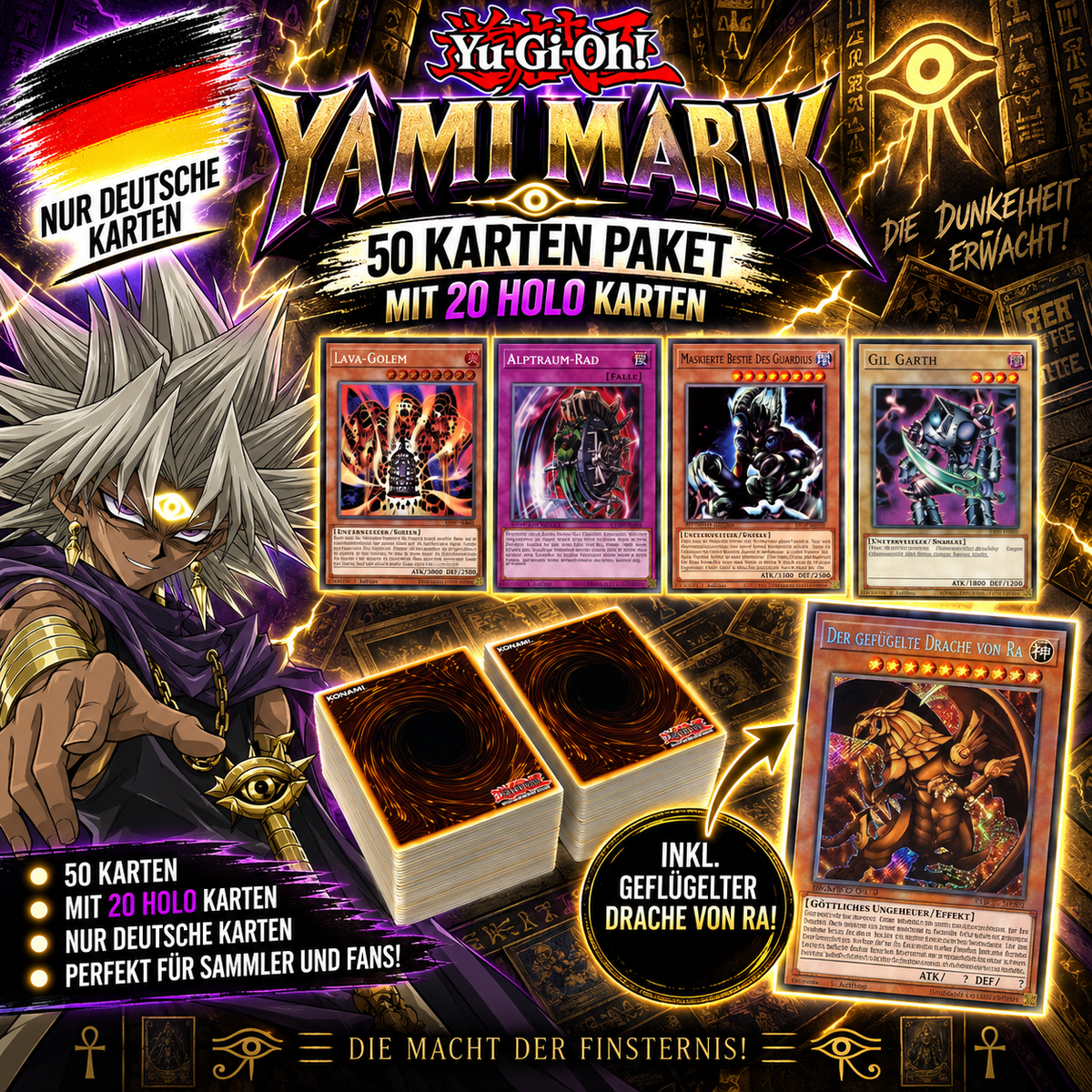 Yu-Gi-Oh! YAMI MARIK 50 KARTENPAKET - INKL 20 HOLOS + GEFLÜGELETER DRACHE VON RA!