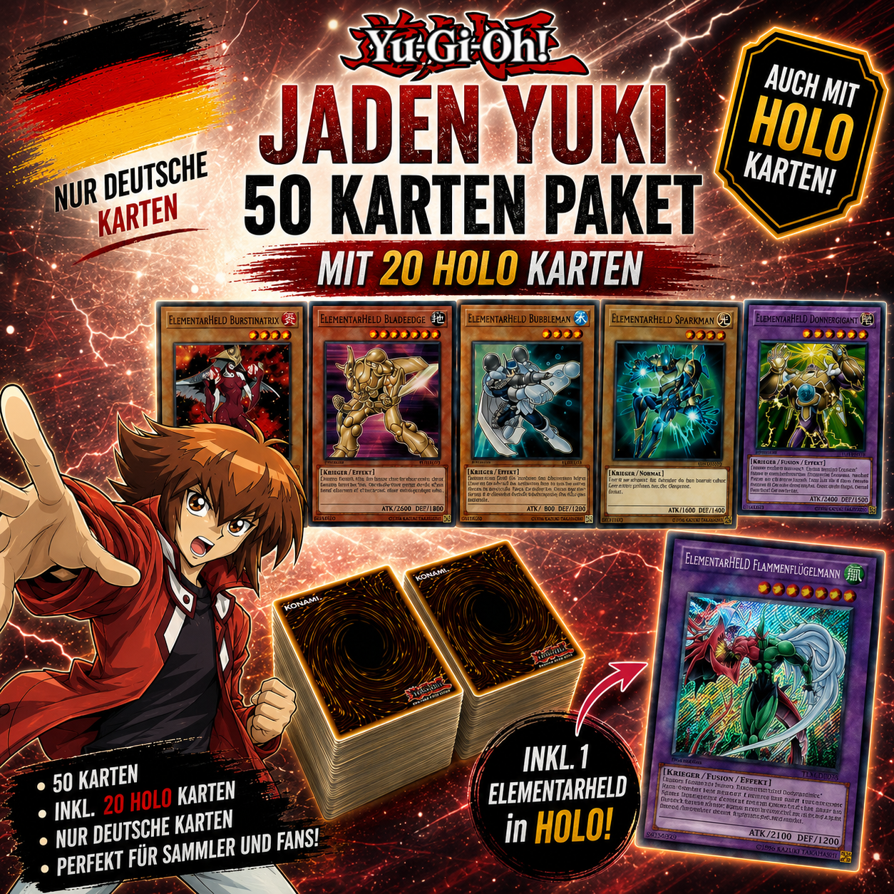 Yugioh JADEN YUKI 50 KARTENPAKET - INKL 20 HOLOS + ELEMENTARHELD IN HOLO!