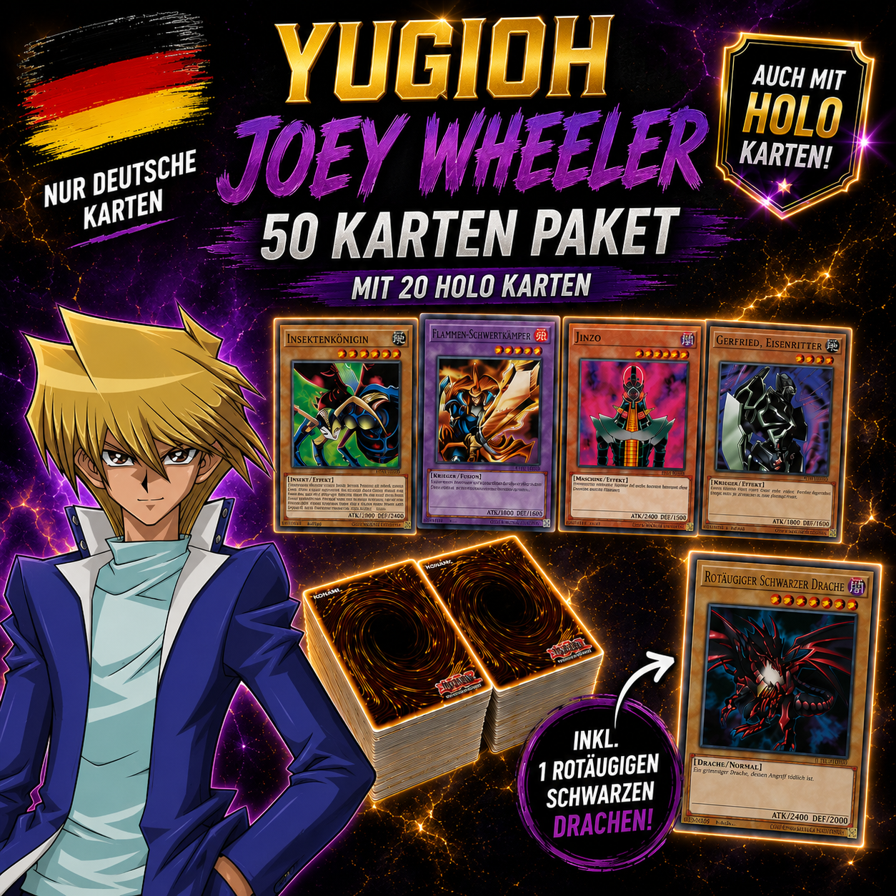 Yu-Gi-Oh! JOEY WHEELER 50 KARTENPAKET - INKL 20 HOLOS + 1 ROTÄUGIGER SCHWARZER DRACHE!