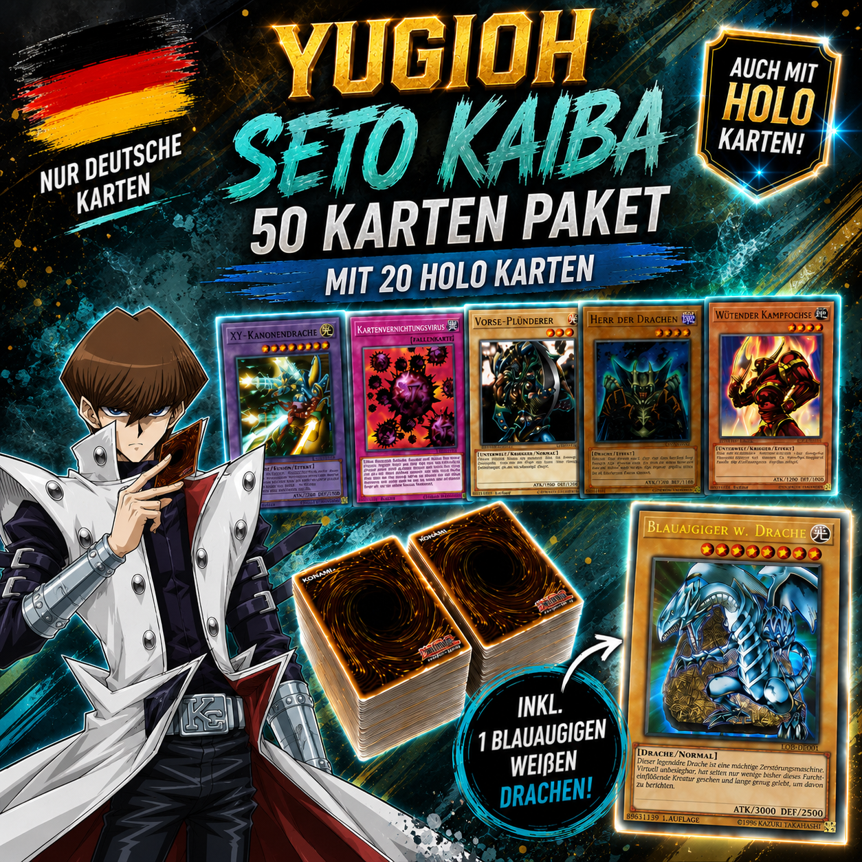 Yu-Gi-Oh! SETO KAIBA 50 KARTENPAKET - INKL 20 HOLOS + 1 BLAUÄUGIGER WEIßER DRACHE!