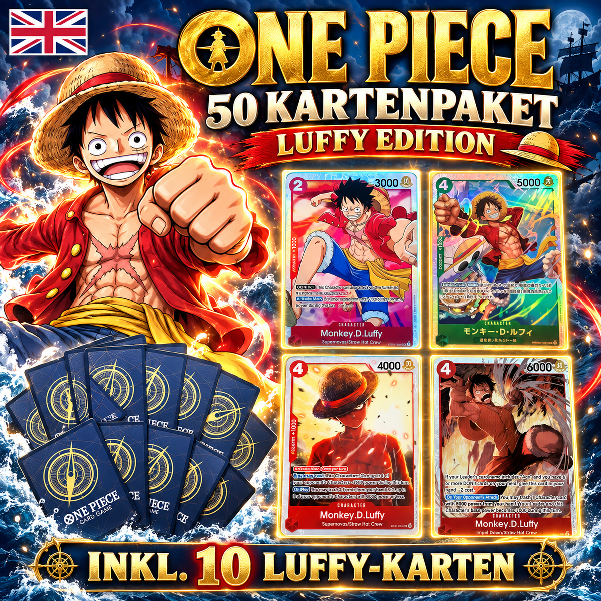 One Piece LUFFY - 50 KARTETPAKET INKL 10 HOLOS + INKL 10 LUFFY KARTEN - ENGLISCH